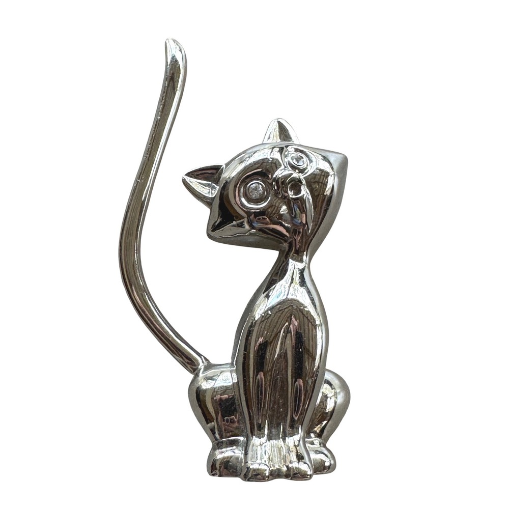 Silver Tone Cat Ring Holder‎ Figurine with Rhinestone Eyes Vintage Style Decor